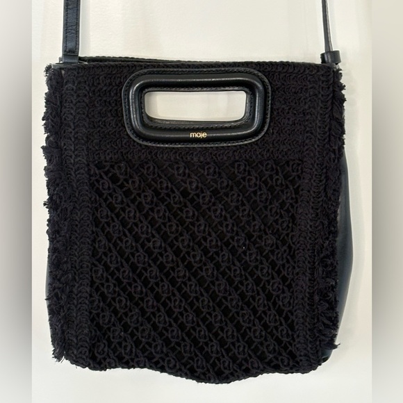 Maje black cotton leather crochet cross body top handle bag magnetic snap boho - Picture 2 of 8